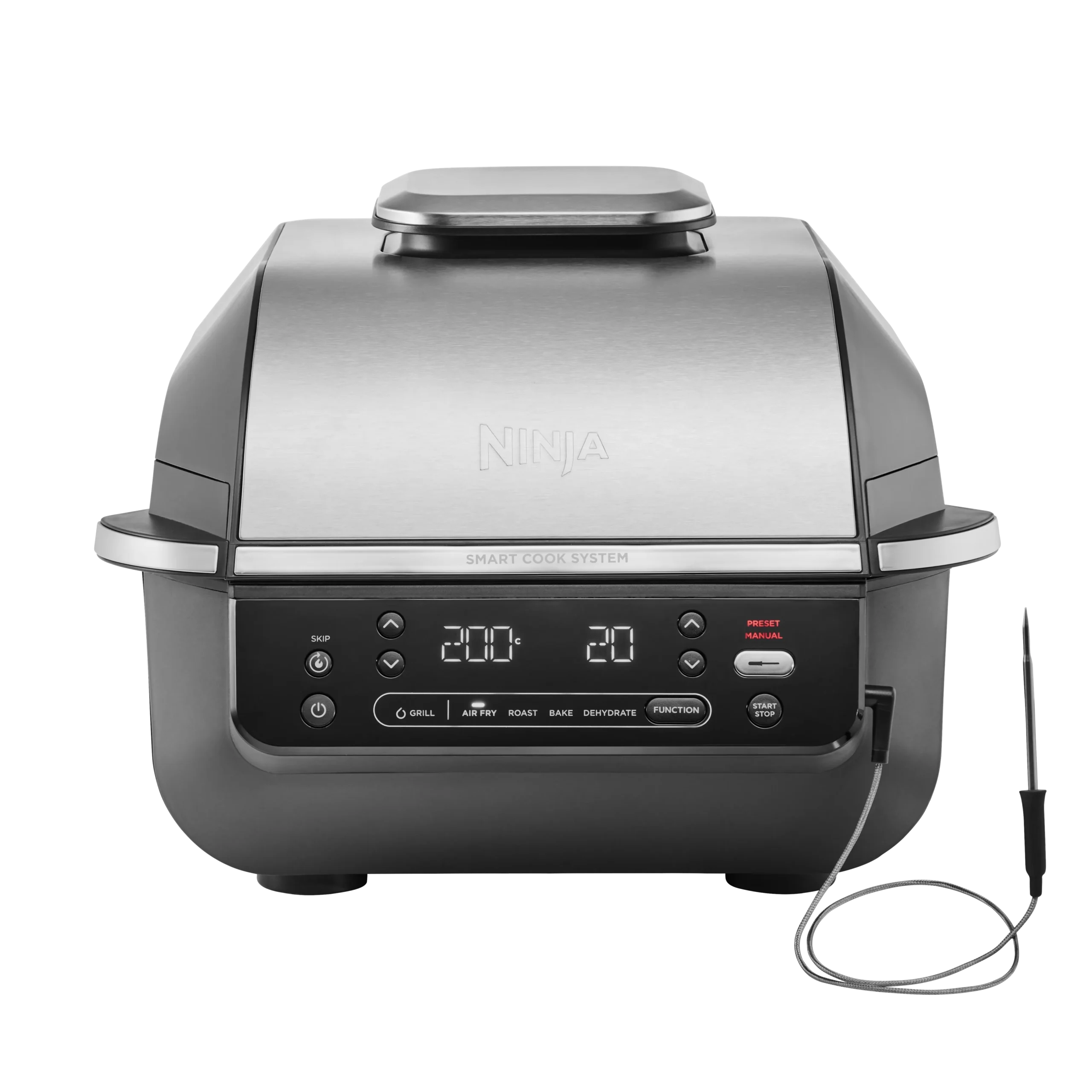 Ninja EG351EU Foodi Smart 5v1 Vnitřní gril a horkovzdušná fritéza s integrovaným teploměrem – Stříbrný