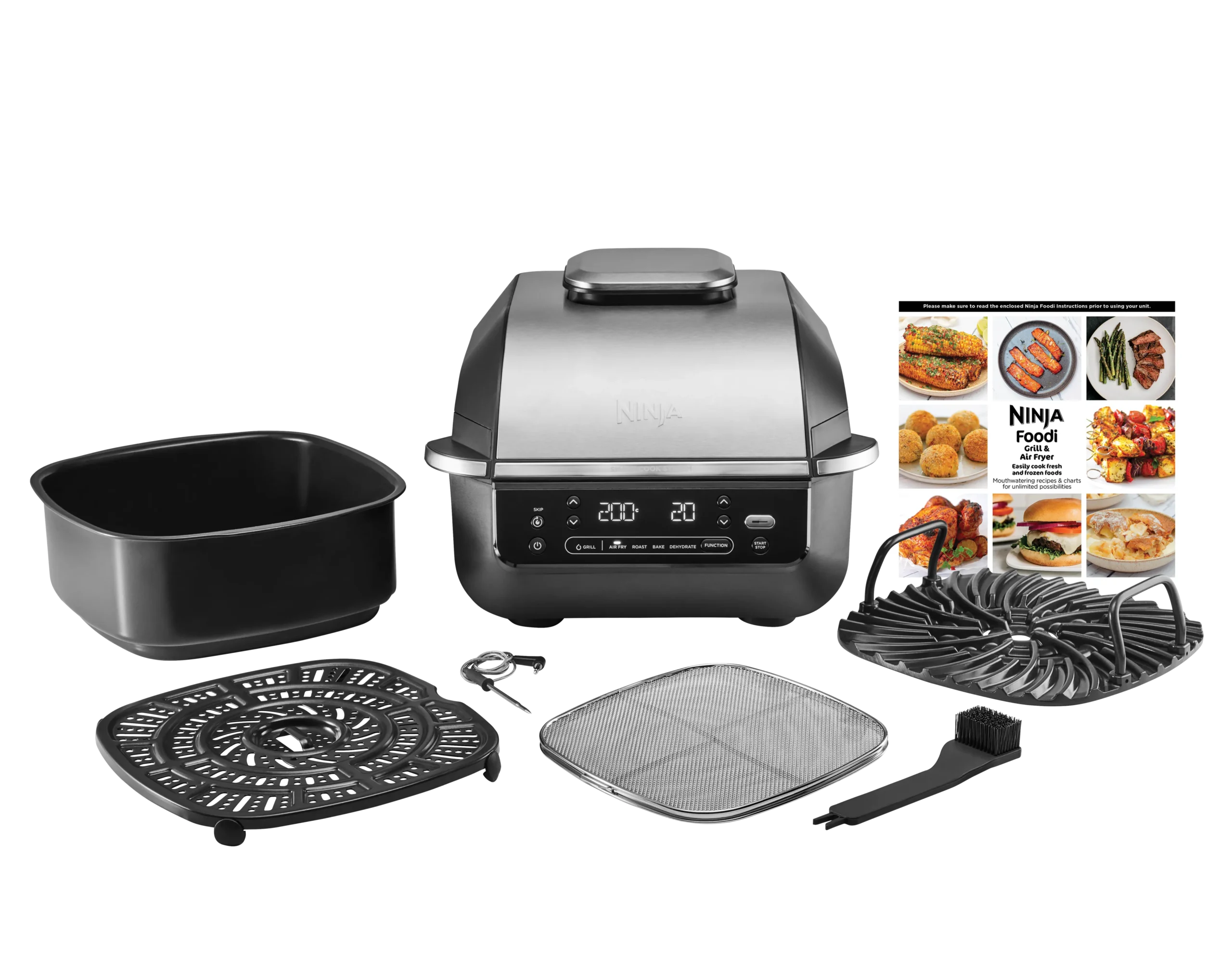 Ninja EG351EU Foodi Smart 5v1 Vnitřní gril a horkovzdušná fritéza s integrovaným teploměrem – Stříbrný