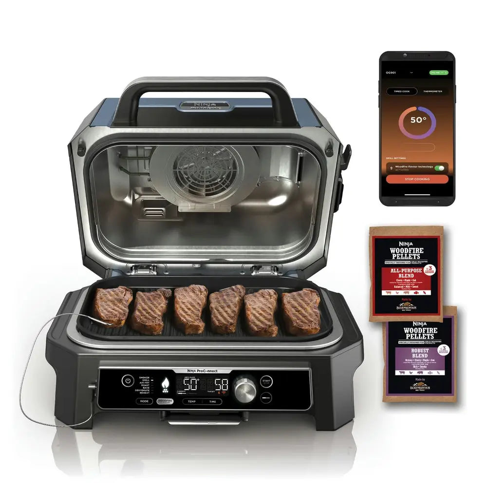 Ninja OG901EU Woodfire Pro Connect XL; Elektrický BBQ, Gril, Airfryer & Udírna; Venkovní; 45 cm x 31 cm